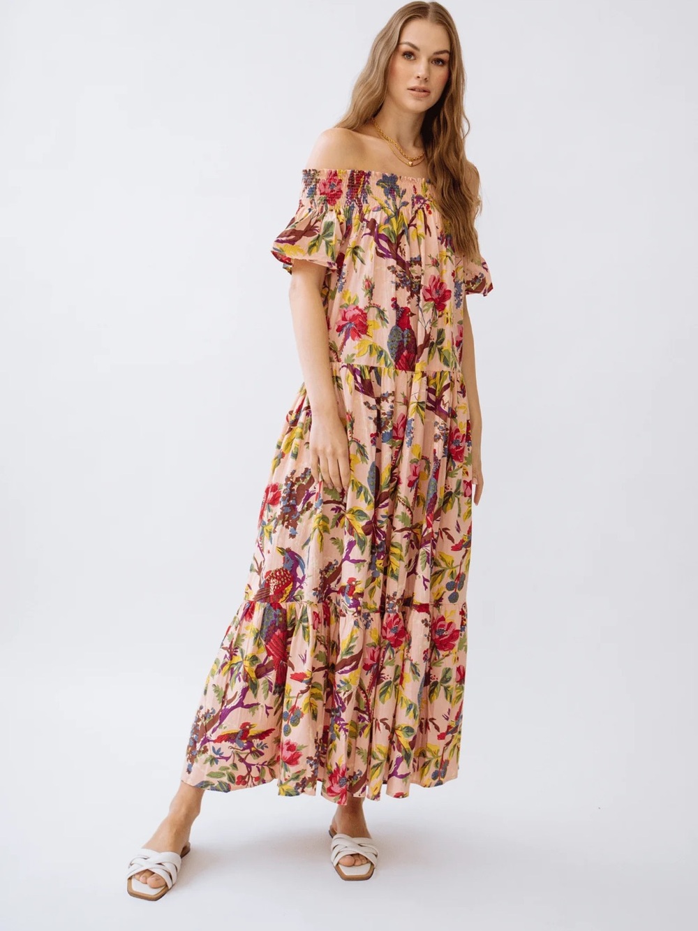 Guadalupe momoposino Pink Floral Maxi Dress with Bird Print